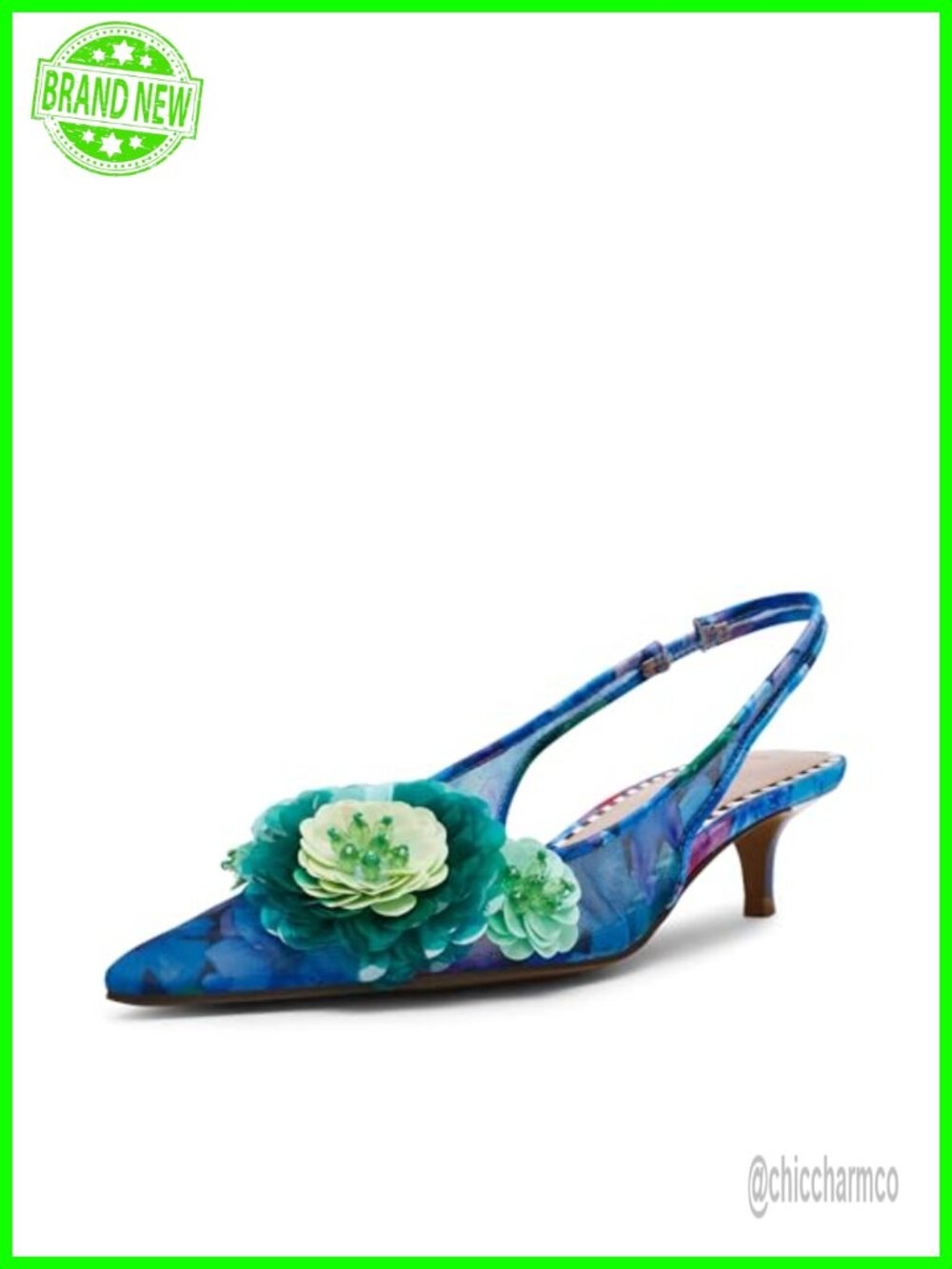Pointed Toe Slingback Kitten Heel Floral Embellished Pump